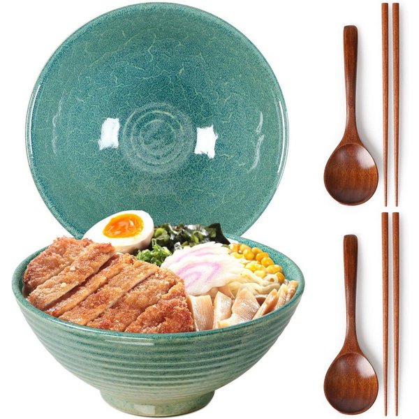 FOUORTUNATE-BEE Schüssel 2er Set Japanische Ramenschüssel Suppenschüssel aus Keramik, (1200 ml, mit Essstäbchen und Löffeln, große Suppenschüsseln 20 cm, 2-tlg)