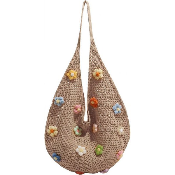 FOUORTUNATE-BEE Schultertasche Boho Häkeltasche mit bunten Blumen für Strand, Reise & Alltag, Gehäkelte Strandtasche mit Blumen für Reise und Aufbewahrung