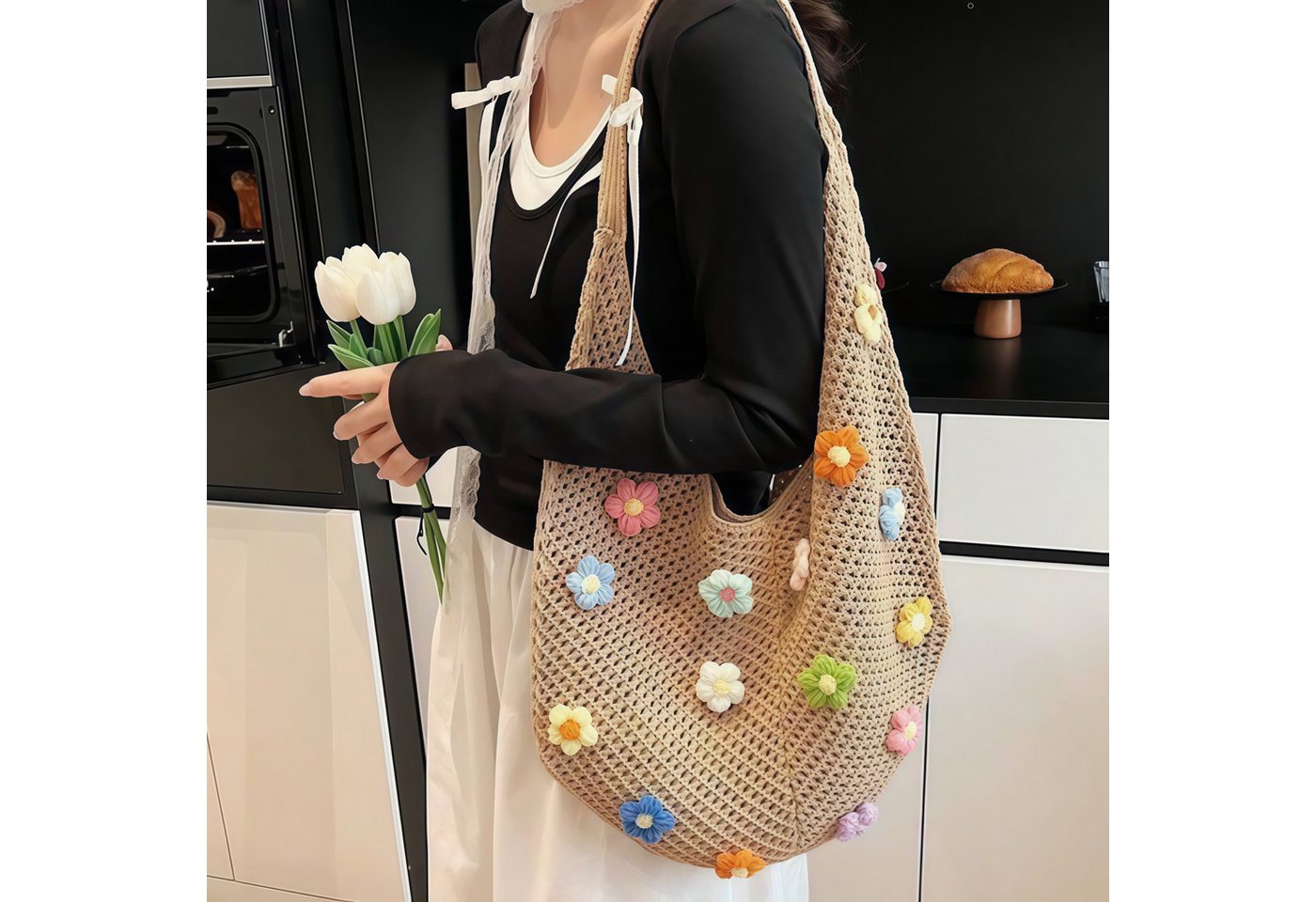 FOUORTUNATE-BEE Schultertasche Boho Häkeltasche mit bunten Blumen für Strand, Reise & Alltag, Gehäkelte Strandtasche mit Blumen für Reise und Aufbewahrung – Bild 2 von 5