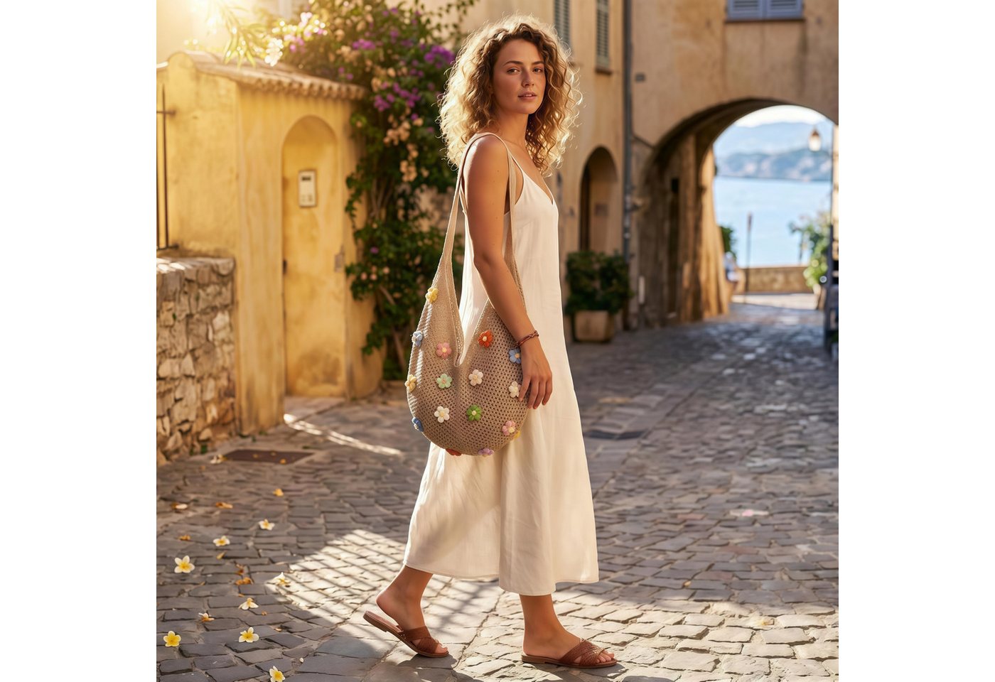 FOUORTUNATE-BEE Schultertasche Boho Häkeltasche mit bunten Blumen für Strand, Reise & Alltag, Gehäkelte Strandtasche mit Blumen für Reise und Aufbewahrung – Bild 3 von 5