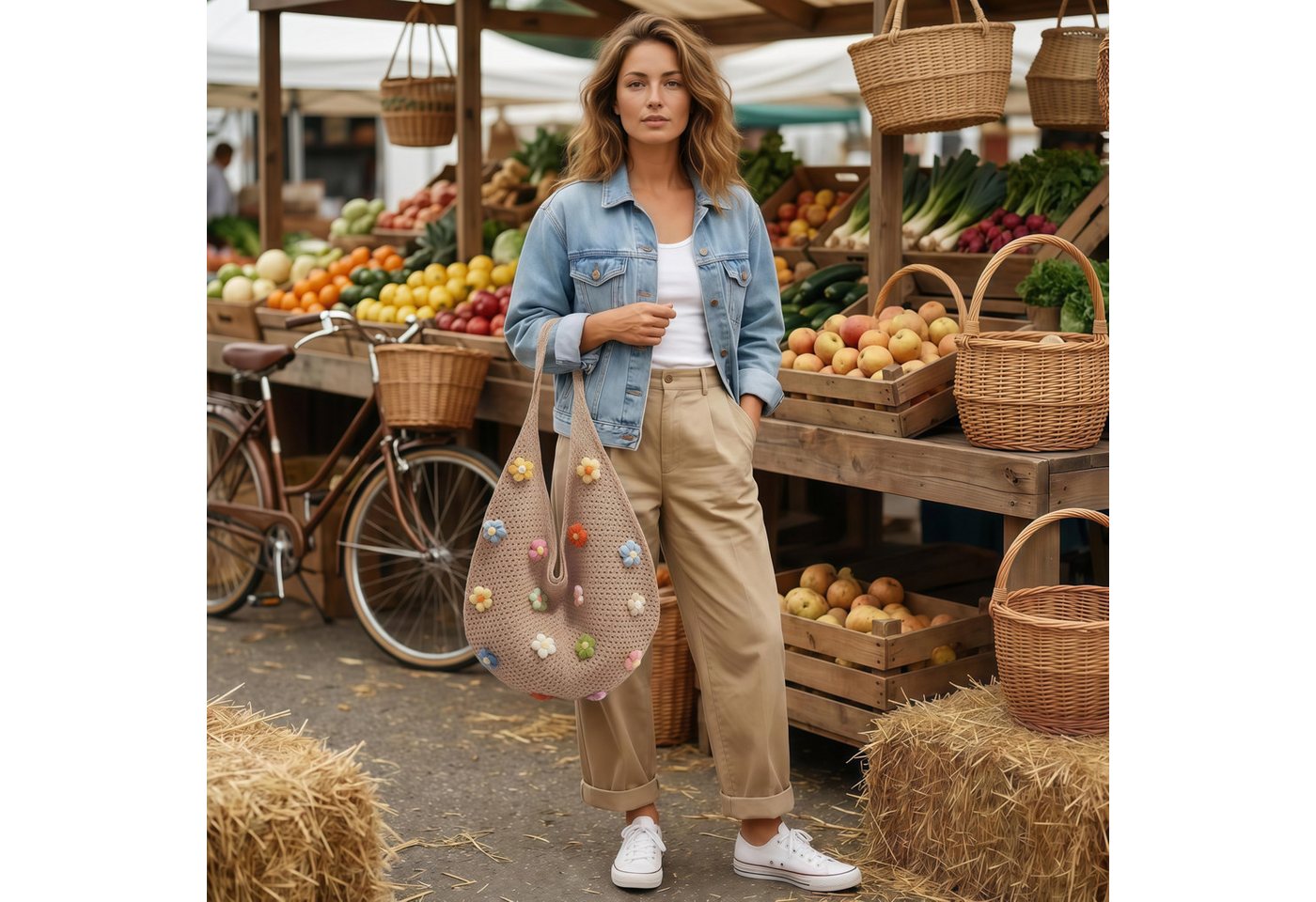 FOUORTUNATE-BEE Schultertasche Boho Häkeltasche mit bunten Blumen für Strand, Reise & Alltag, Gehäkelte Strandtasche mit Blumen für Reise und Aufbewahrung – Bild 4 von 5