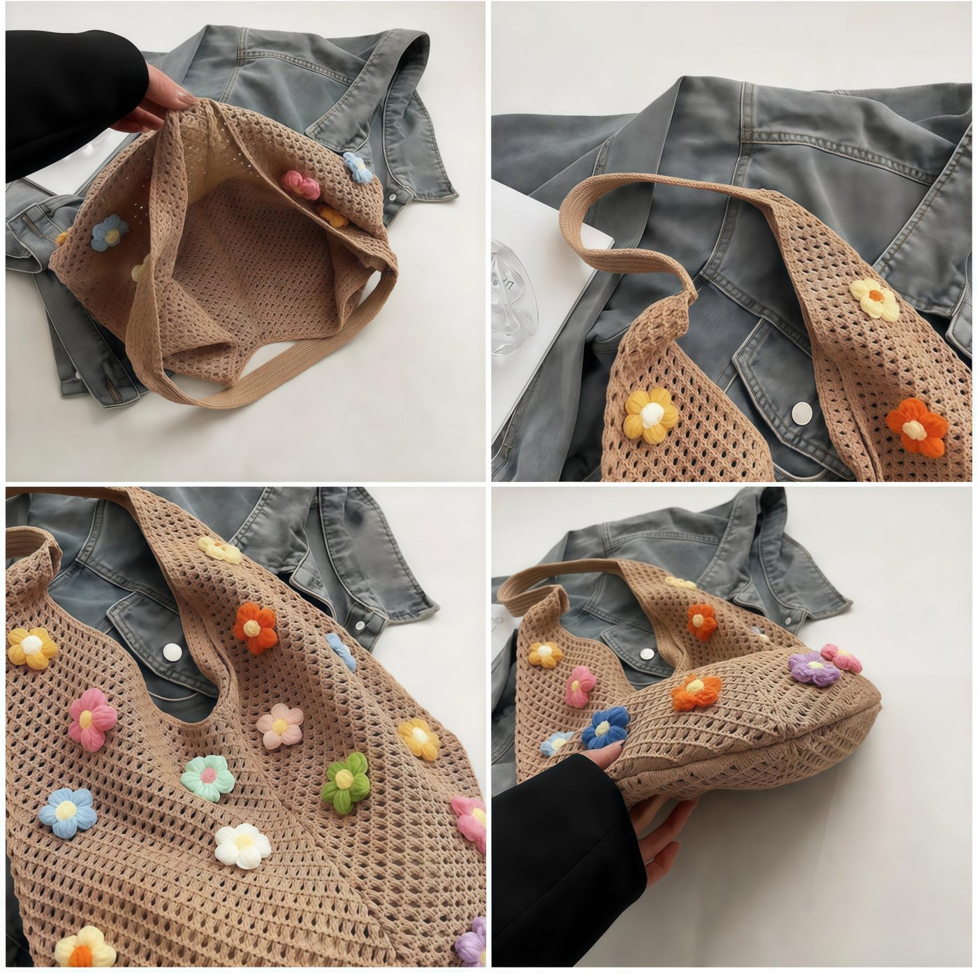 FOUORTUNATE-BEE Schultertasche Boho Häkeltasche mit bunten Blumen für Strand, Reise & Alltag, Gehäkelte Strandtasche mit Blumen für Reise und Aufbewahrung – Bild 5 von 5