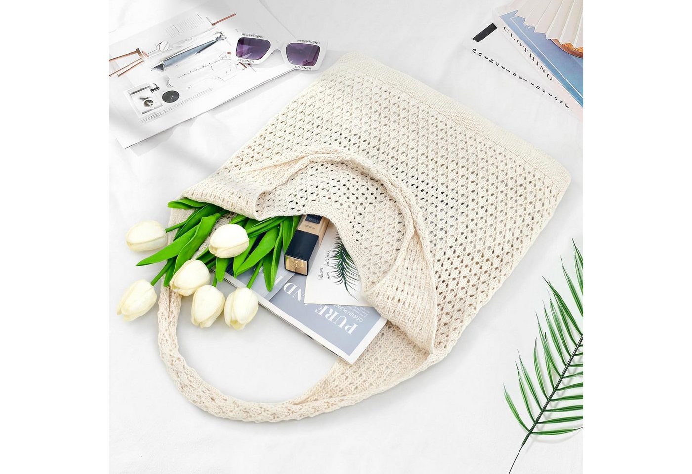 FOUORTUNATE-BEE Schultertasche Boho Stricktasche – Groß, vielseitig und perfekt für den Alltag, Modische Bohemian Stricktasche für Freizeit und Alltag – Bild 2 von 5