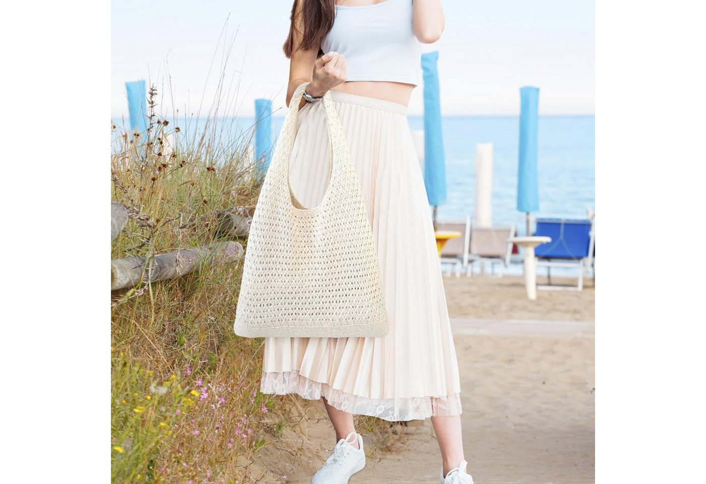 FOUORTUNATE-BEE Schultertasche Boho Stricktasche – Groß, vielseitig und perfekt für den Alltag, Modische Bohemian Stricktasche für Freizeit und Alltag – Bild 3 von 5