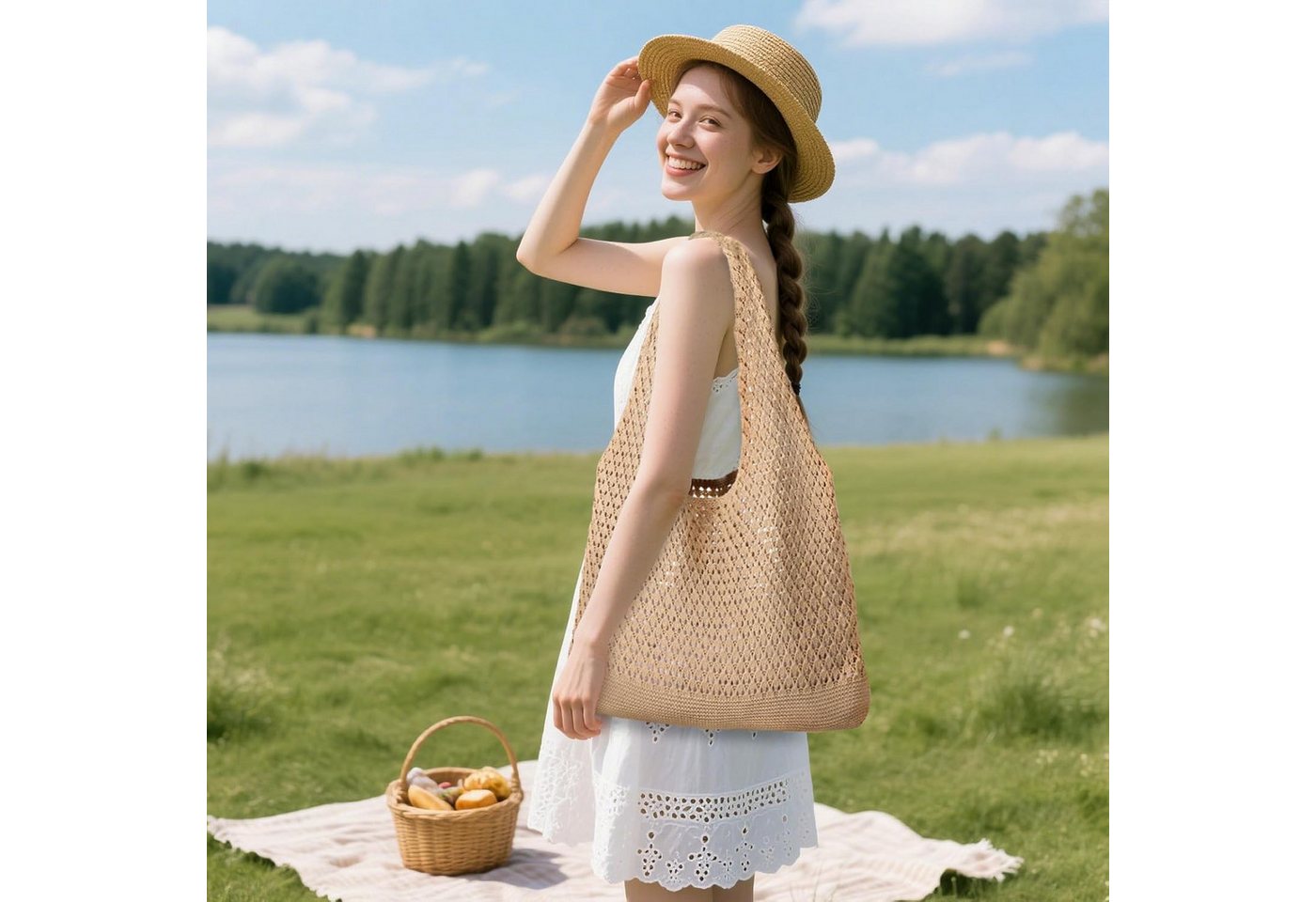 FOUORTUNATE-BEE Schultertasche Boho Stricktasche – Groß, vielseitig und perfekt für den Alltag, Modische Bohemian Stricktasche für Freizeit und Alltag – Bild 3 von 5