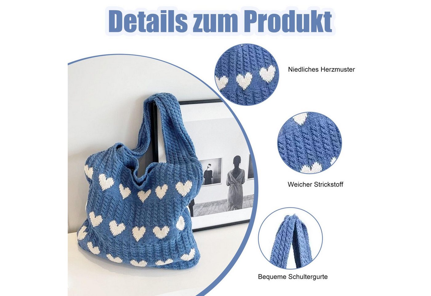 FOUORTUNATE-BEE Schultertasche Gestrickte Schultertasche Gehäkelte Tasche Damen Gestrickte Tasche (Leichte Strick-Tote Tasche Umhängetasche) – Bild 5 von 5