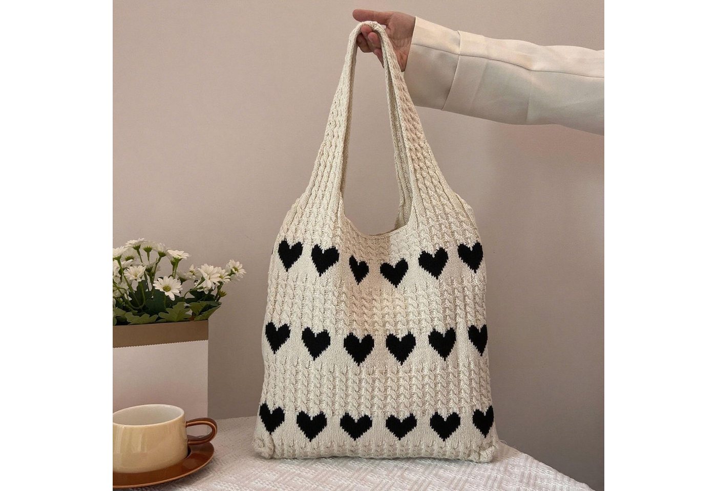 FOUORTUNATE-BEE Schultertasche Gestrickte Schultertasche Gehäkelte Tasche Damen Gestrickte Tasche (Leichte Strick-Tote Tasche Umhängetasche) – Bild 3 von 5