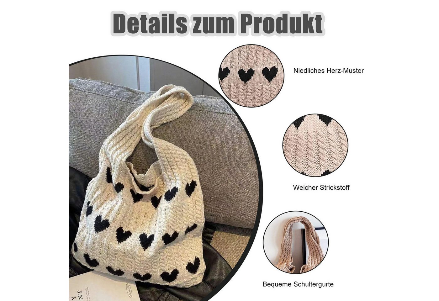 FOUORTUNATE-BEE Schultertasche Gestrickte Schultertasche Gehäkelte Tasche Damen Gestrickte Tasche (Leichte Strick-Tote Tasche Umhängetasche) – Bild 5 von 5