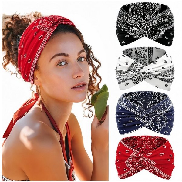 FOUORTUNATE-BEE Seidentuch 4 Boho-Haarbänder – Breite elastische Stirnbänder für Damen, (4-St), 4er-Set Boho-Stirnbänder für Yoga, Sport & Make-up