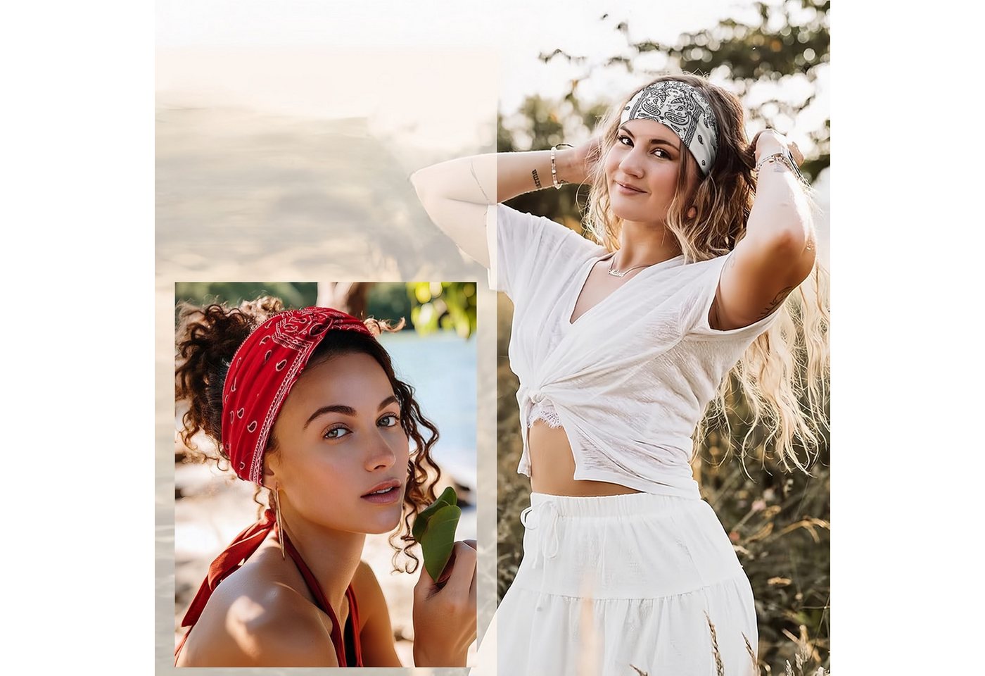 FOUORTUNATE-BEE Seidentuch 4 Boho-Haarbänder – Breite elastische Stirnbänder für Damen, (4-St), 4er-Set Boho-Stirnbänder für Yoga, Sport & Make-up – Bild 4 von 5