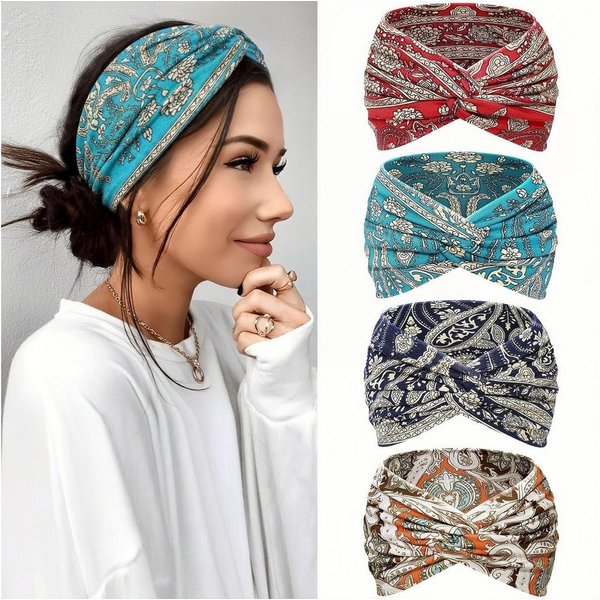 FOUORTUNATE-BEE Seidentuch Damen Haarbänder 4er-Set, extra breit und elastisch, Boho-Look, (4-St), Bunte Haarbänder für Yoga, Sport, Make-up und Alltag
