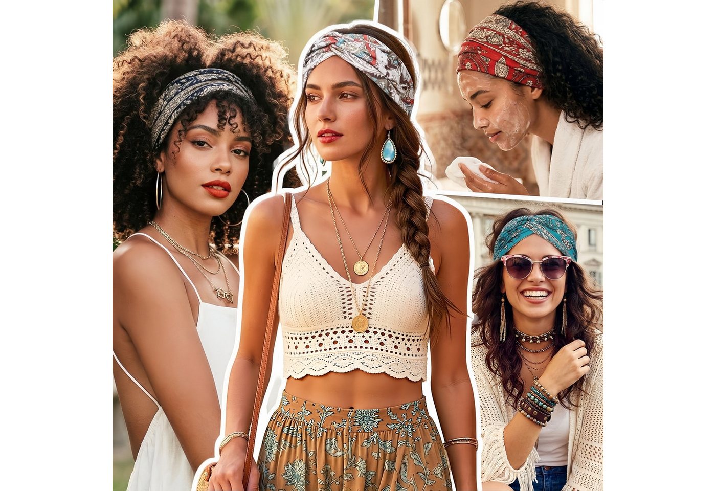 FOUORTUNATE-BEE Seidentuch Damen Haarbänder 4er-Set, extra breit und elastisch, Boho-Look, (4-St), Bunte Haarbänder für Yoga, Sport, Make-up und Alltag – Bild 3 von 5