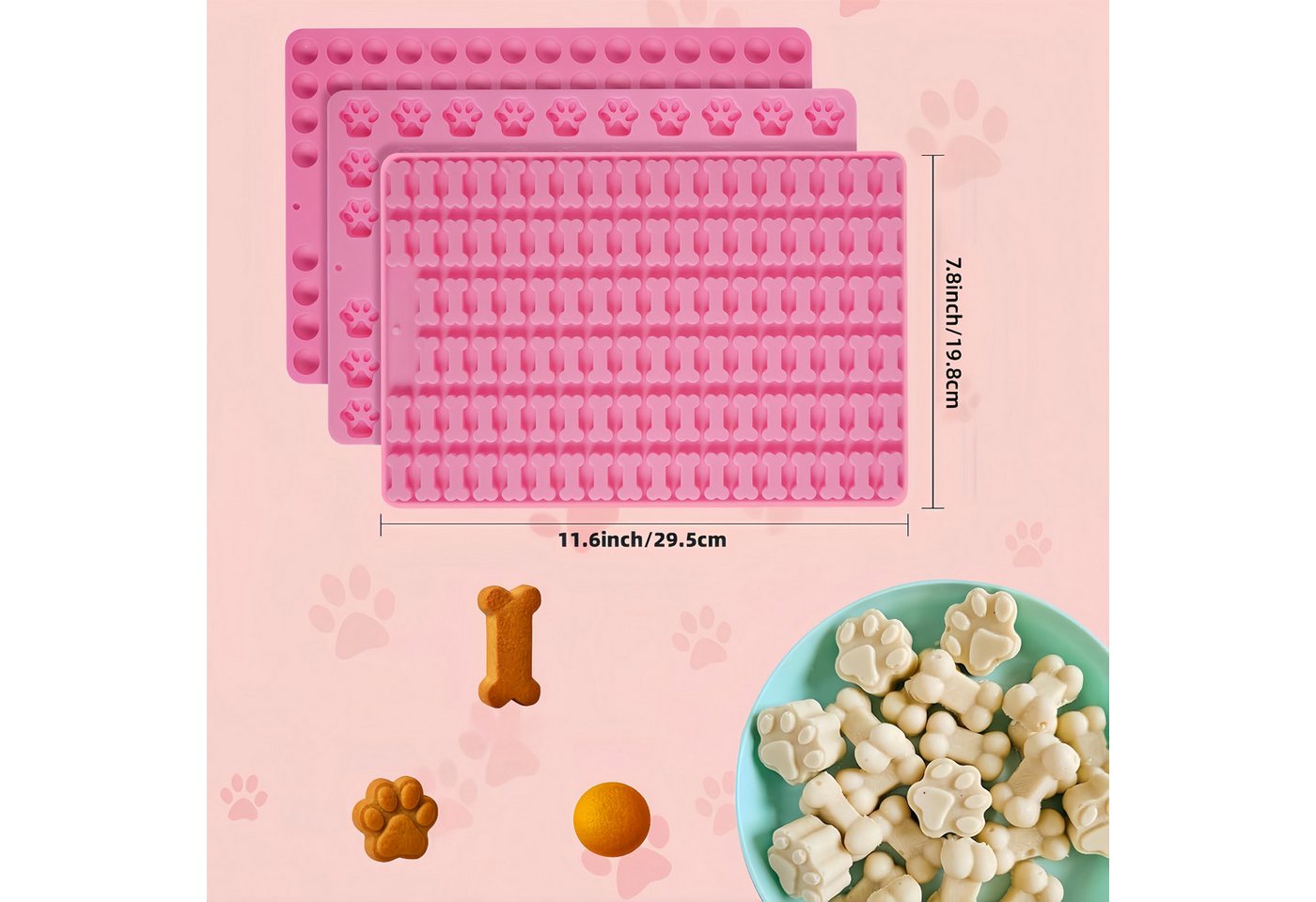 FOUORTUNATE-BEE Silikonform 3-teiliges Silikon-Backmatten-Set mit Teigschaber, (3-tlg), Backmatten für Hundesnacks, DIY-Kekse & Schokolade – Bild 2 von 5