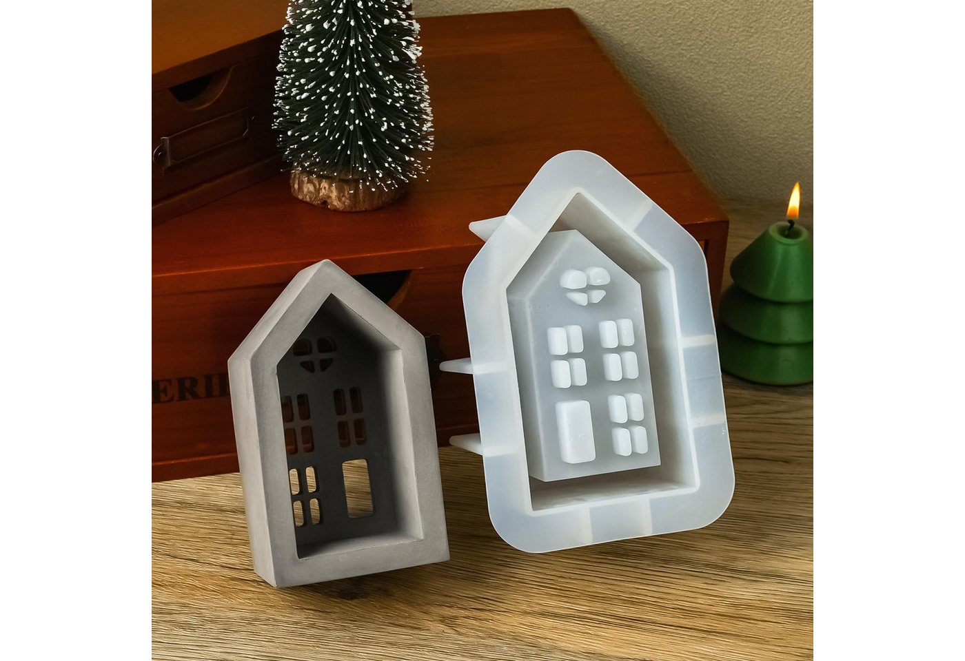 FOUORTUNATE-BEE Silikonform 3d Häuser Kerzenhalter Silikonform Teelichter Kerzenhalterform, (Gießformen Hausharzformen Gips Beton Kerzenhalterform), Weihnachtsg – Bild 3 von 5