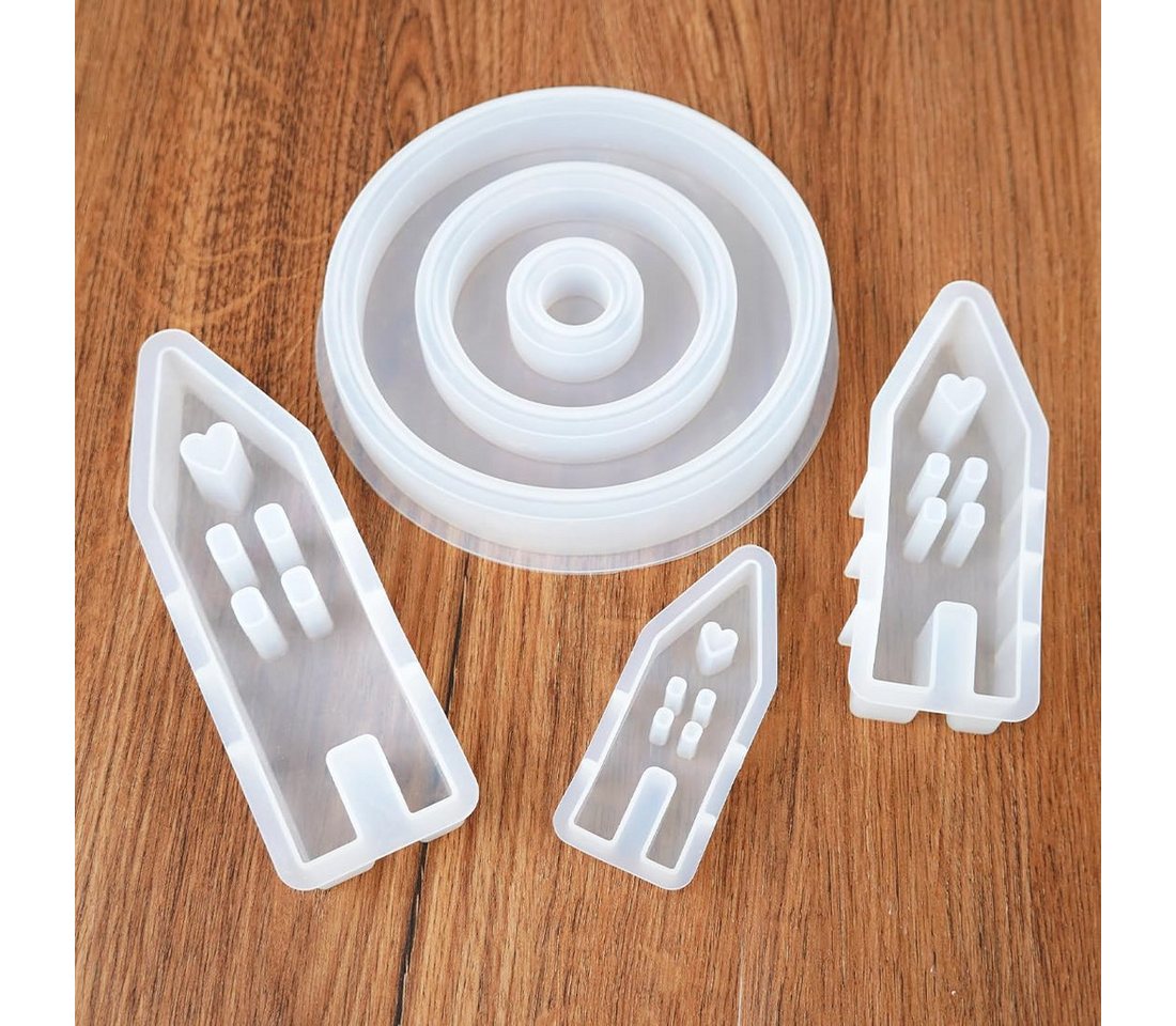 FOUORTUNATE-BEE Silikonform 4 Stück Silikonform Haus Kerzenständer Set Gießformen Silikon Häuser, (Gießform Haus Kerzenhalter Rund Formen für Gips Teelichter Ha – Bild 3 von 5