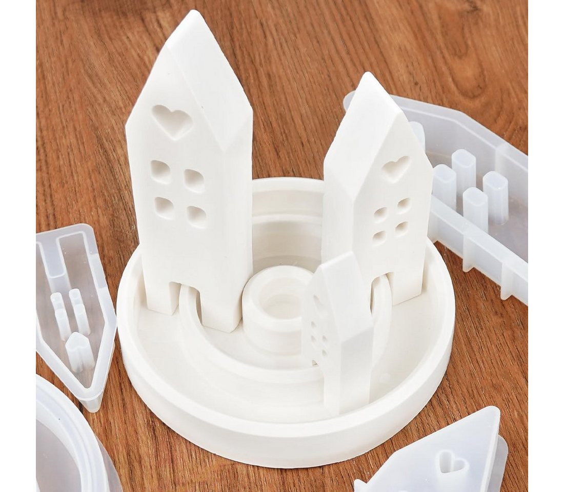 FOUORTUNATE-BEE Silikonform 4 Stück Silikonform Haus Kerzenständer Set Gießformen Silikon Häuser, (Gießform Haus Kerzenhalter Rund Formen für Gips Teelichter Ha – Bild 4 von 5
