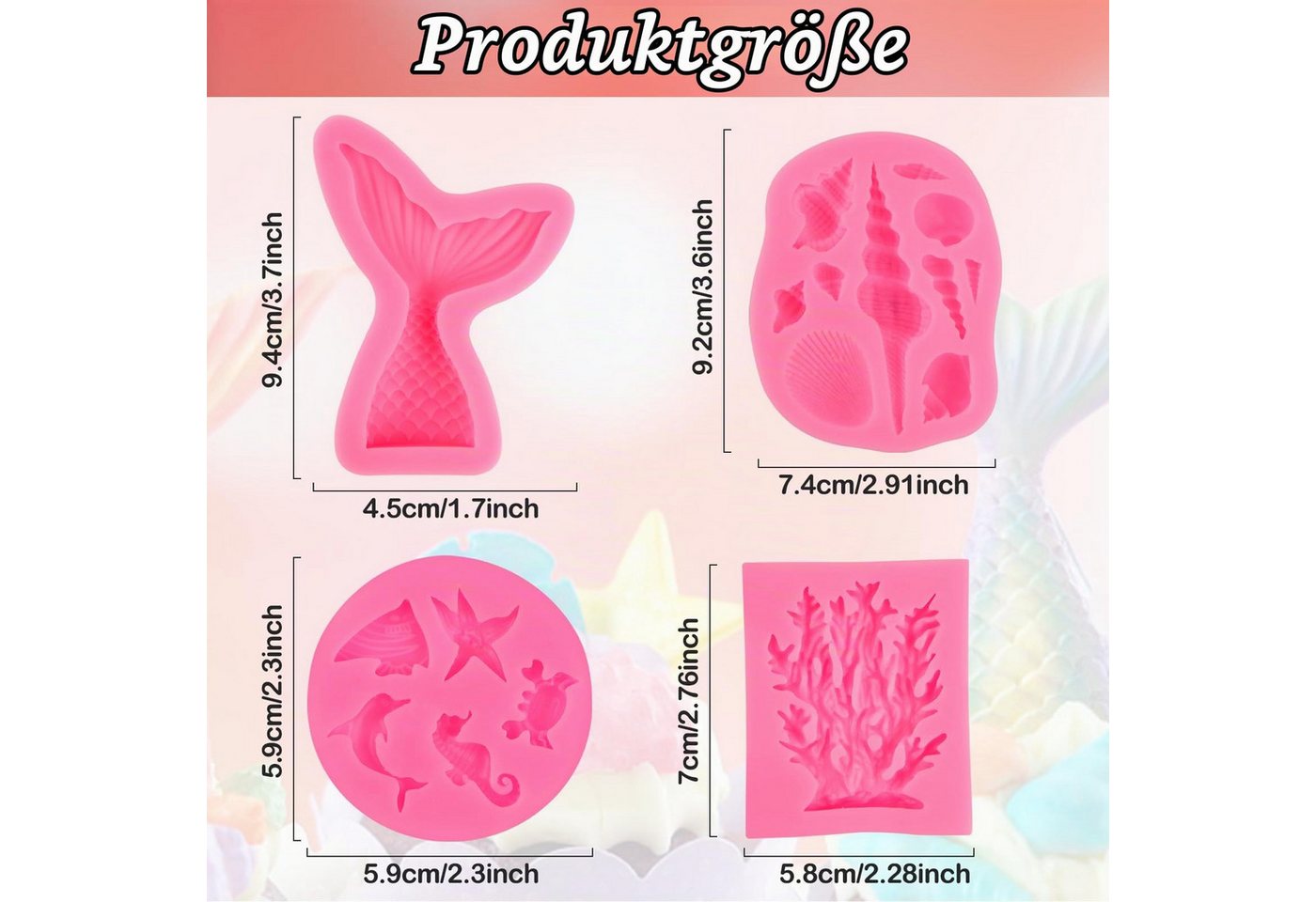 FOUORTUNATE-BEE Silikonform 4-teiliges Silikonformen Set mit Meerjungfrau- und Meerestiermotiven, (Fondantform Silikon Backform für Kuchen, Schokolade, Süßigkei – Bild 2 von 5