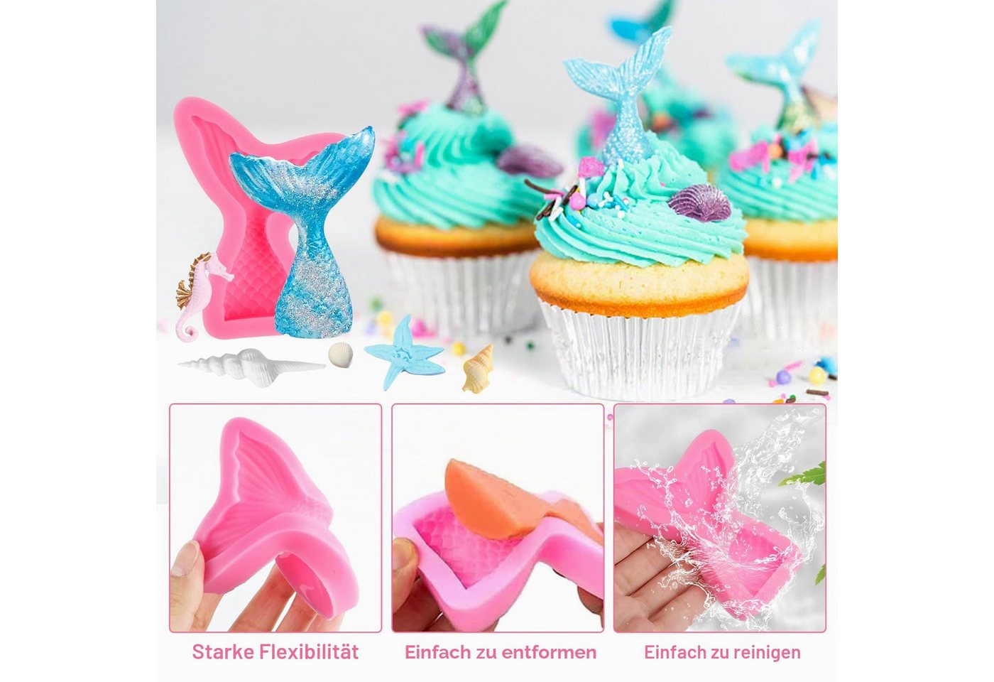 FOUORTUNATE-BEE Silikonform 4-teiliges Silikonformen Set mit Meerjungfrau- und Meerestiermotiven, (Fondantform Silikon Backform für Kuchen, Schokolade, Süßigkei – Bild 5 von 5
