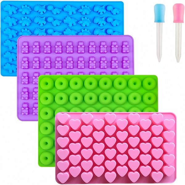 FOUORTUNATE-BEE Silikonform 4er Set Silikon-Gummibärchenform mit Tropfer für DIY Süßigkeiten, (4-tlg), Silikonformen für Schokolade, Donuts & Gummibärchen – 4 S