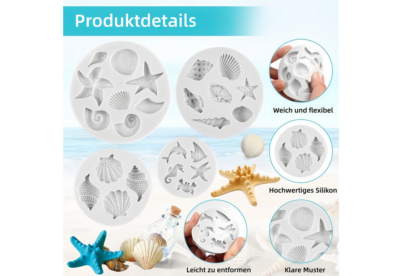 FOUORTUNATE-BEE Silikonform 4er Set Silikonformen Meeresmotive für Schokolade & Backen, (4-tlg), Silikon Backformen mit Meeresmotiven für Deko, Pudding & Kuchen – Bild 3 von 5