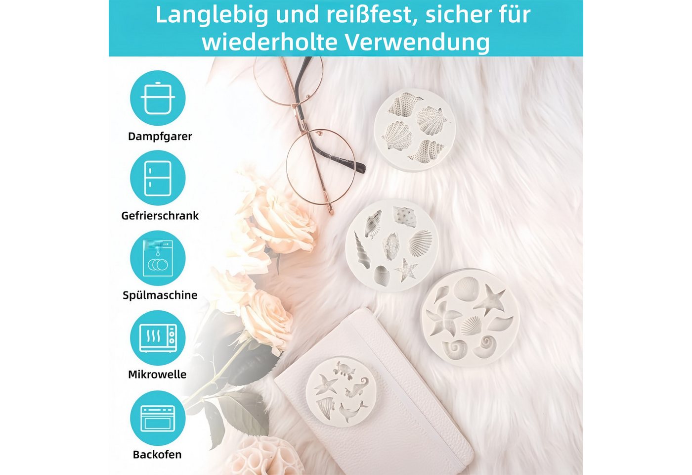 FOUORTUNATE-BEE Silikonform 4er Set Silikonformen Meeresmotive für Schokolade & Backen, (4-tlg), Silikon Backformen mit Meeresmotiven für Deko, Pudding & Kuchen – Bild 5 von 5