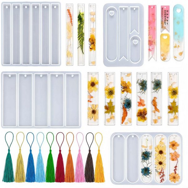 FOUORTUNATE-BEE Silikonform Lesezeichen Silikonform Set mit Loch-Design & Bunten Quasten, (Bastelset für Lesezeichen, Anhänger, Schmuck)