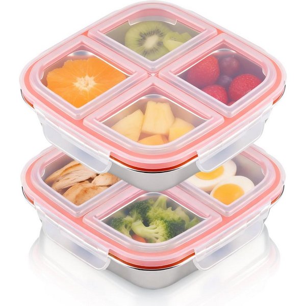 FOUORTUNATE-BEE Snackschale 2 Stück Snackbox mit Fächern Edelstahl, Wiederverwendbare Snackdose, (Leckdichte Bento Box mit Deckel für Schule, Arbeit & Camping, 