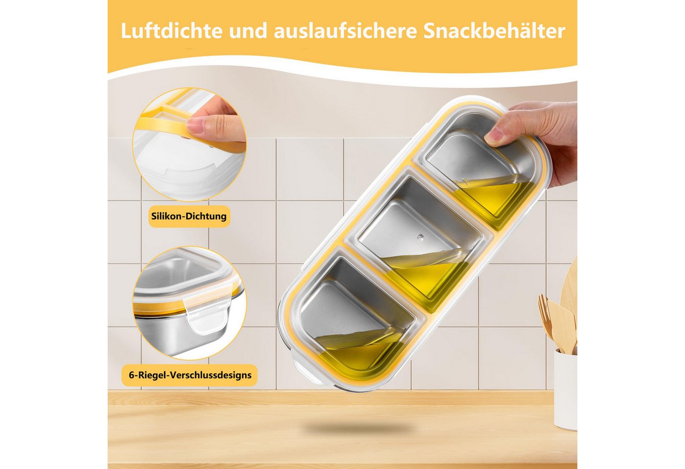 FOUORTUNATE-BEE Snackschale Snackbox mit Fächern Edelstahl, Leckdichte Snackdose, (mit Fächern Spülmaschinenfest, Meal Prep Boxen, Bento Box Edelstahl, 2-tlg),  – Bild 2 von 5