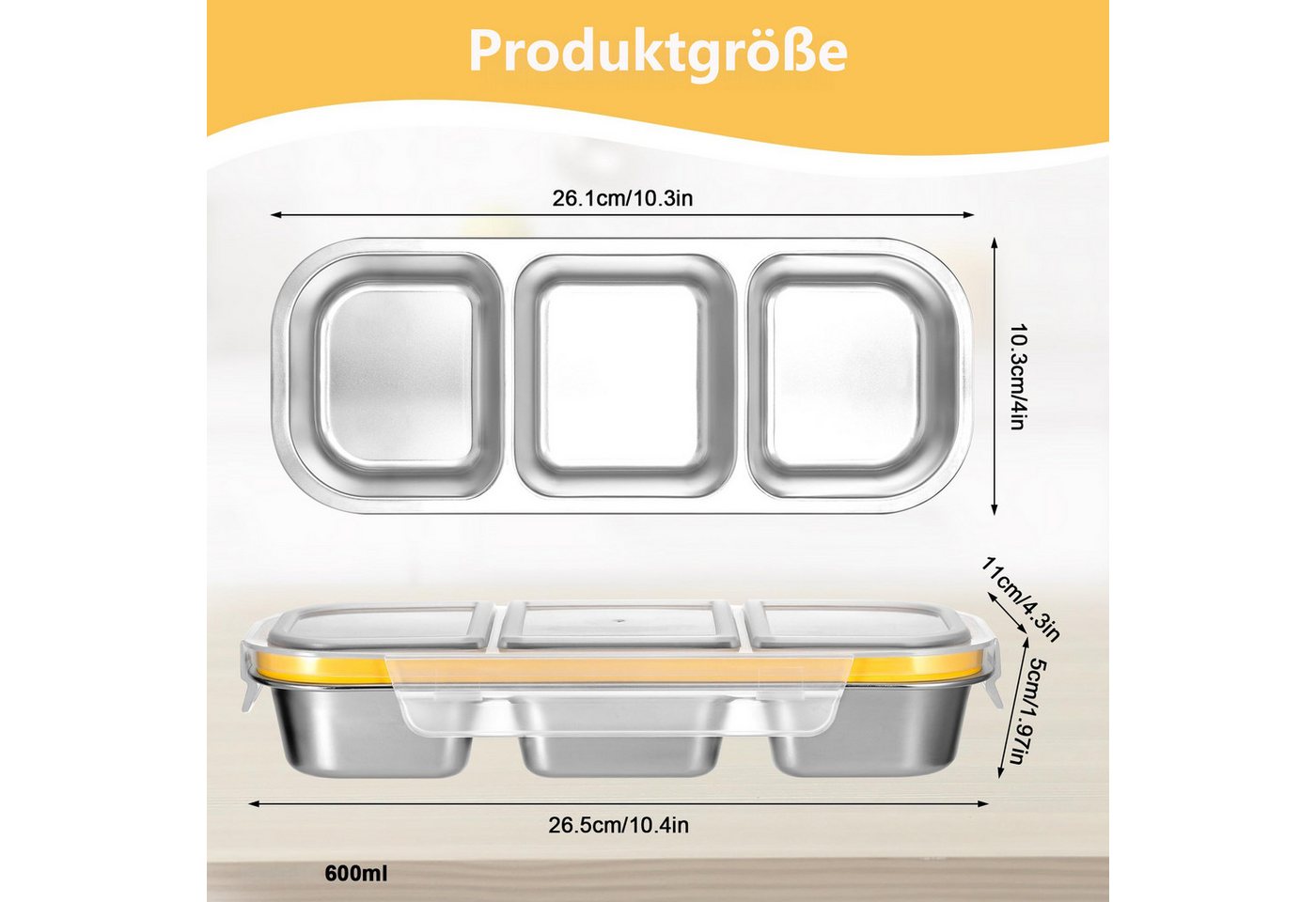 FOUORTUNATE-BEE Snackschale Snackbox mit Fächern Edelstahl, Leckdichte Snackdose, (mit Fächern Spülmaschinenfest, Meal Prep Boxen, Bento Box Edelstahl, 2-tlg),  – Bild 3 von 5