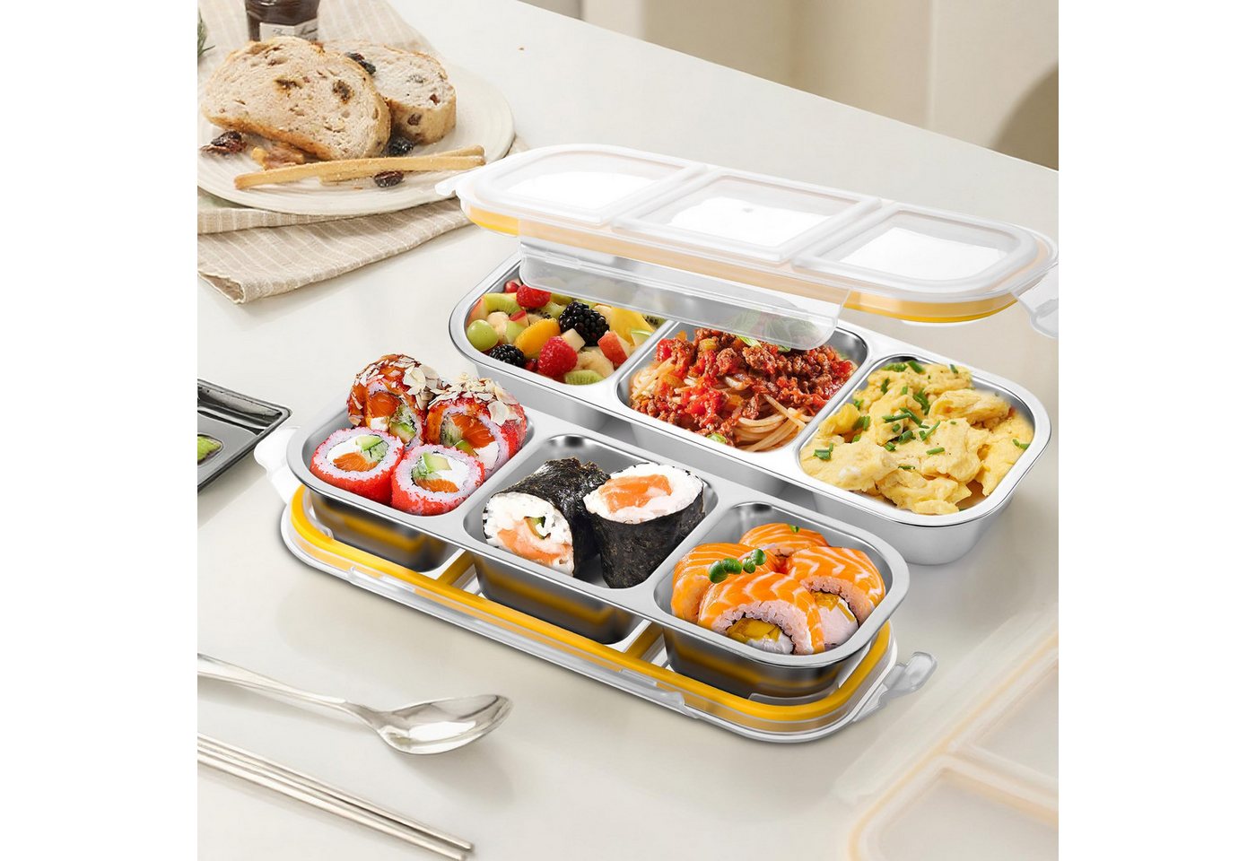 FOUORTUNATE-BEE Snackschale Snackbox mit Fächern Edelstahl, Leckdichte Snackdose, (mit Fächern Spülmaschinenfest, Meal Prep Boxen, Bento Box Edelstahl, 2-tlg),  – Bild 4 von 5