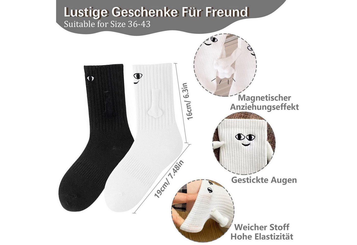 FOUORTUNATE-BEE Socken Magnetische Socken Set 2 Paar mit Händen, Größe 36–43 Hand-in-Hand Socken mit Magnet – Geschenk für Paare & Freunde – Bild 5 von 5