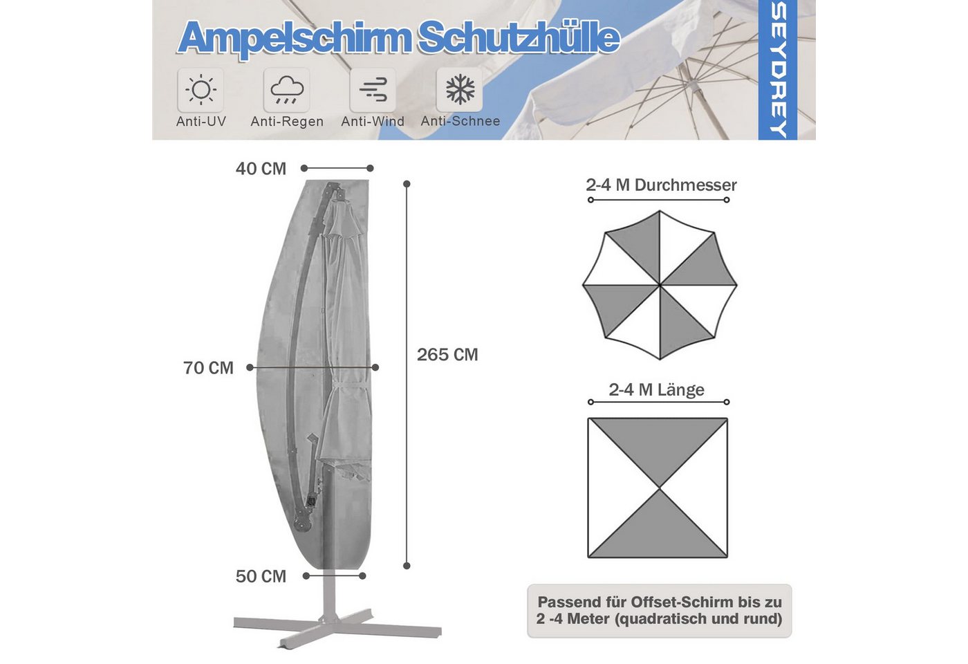 FOUORTUNATE-BEE Sonnenschirm-Schutzhülle Ampelschirm Schutzhülle 420D Sonnenschirm Abdeckung 2-4m, Schirmhülle mit Stab für Garten Balkon Terrasse Sonnenschutz – Bild 5 von 5