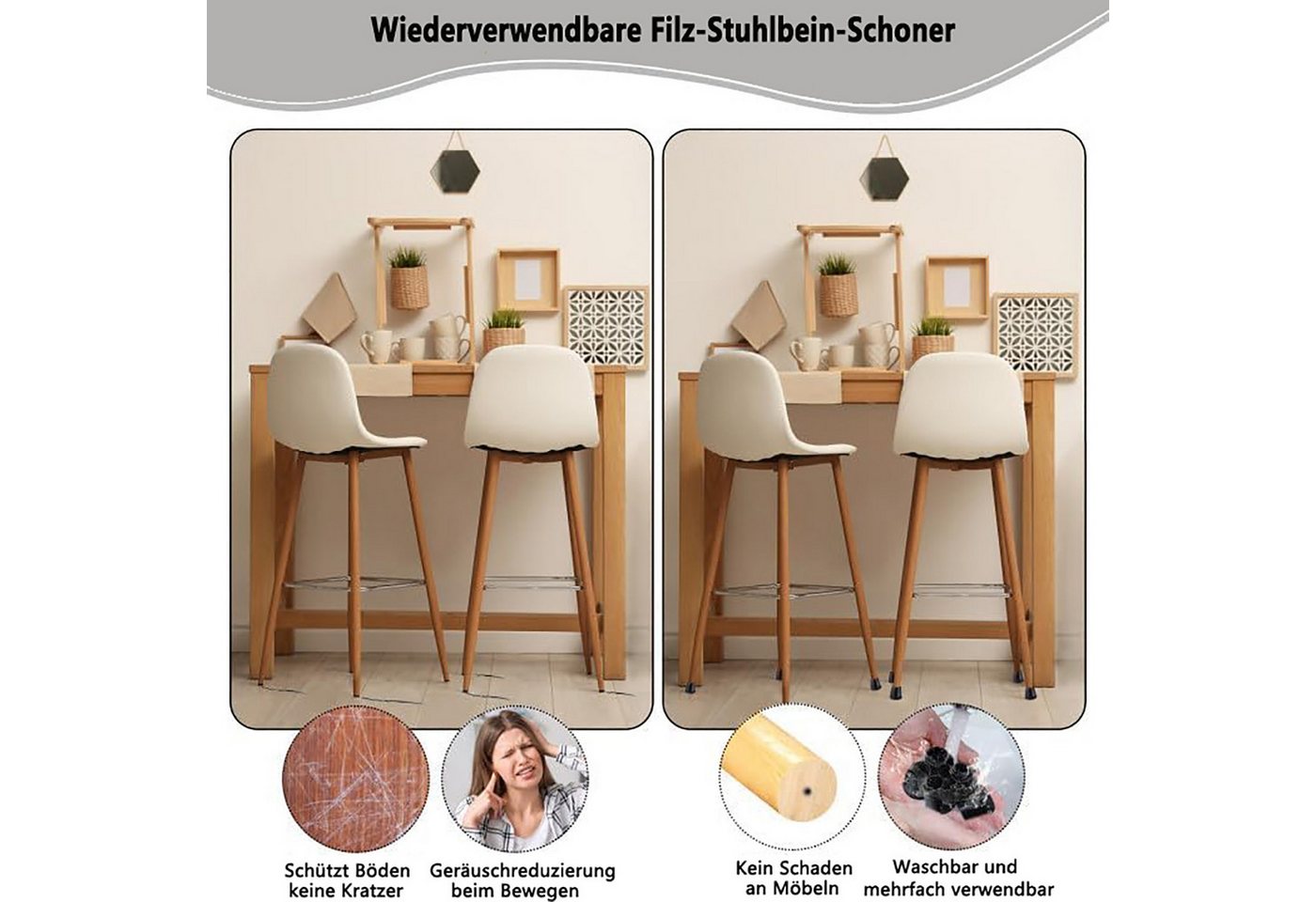 FOUORTUNATE-BEE Stuhlhusse Stuhlbeinkappen, Stuhlbeinschoner mit Filz, Schwarzes Silikon, runde Schwarze Bodenschutz für Hartholzböden, Fliesenböden – Bild 3 von 5