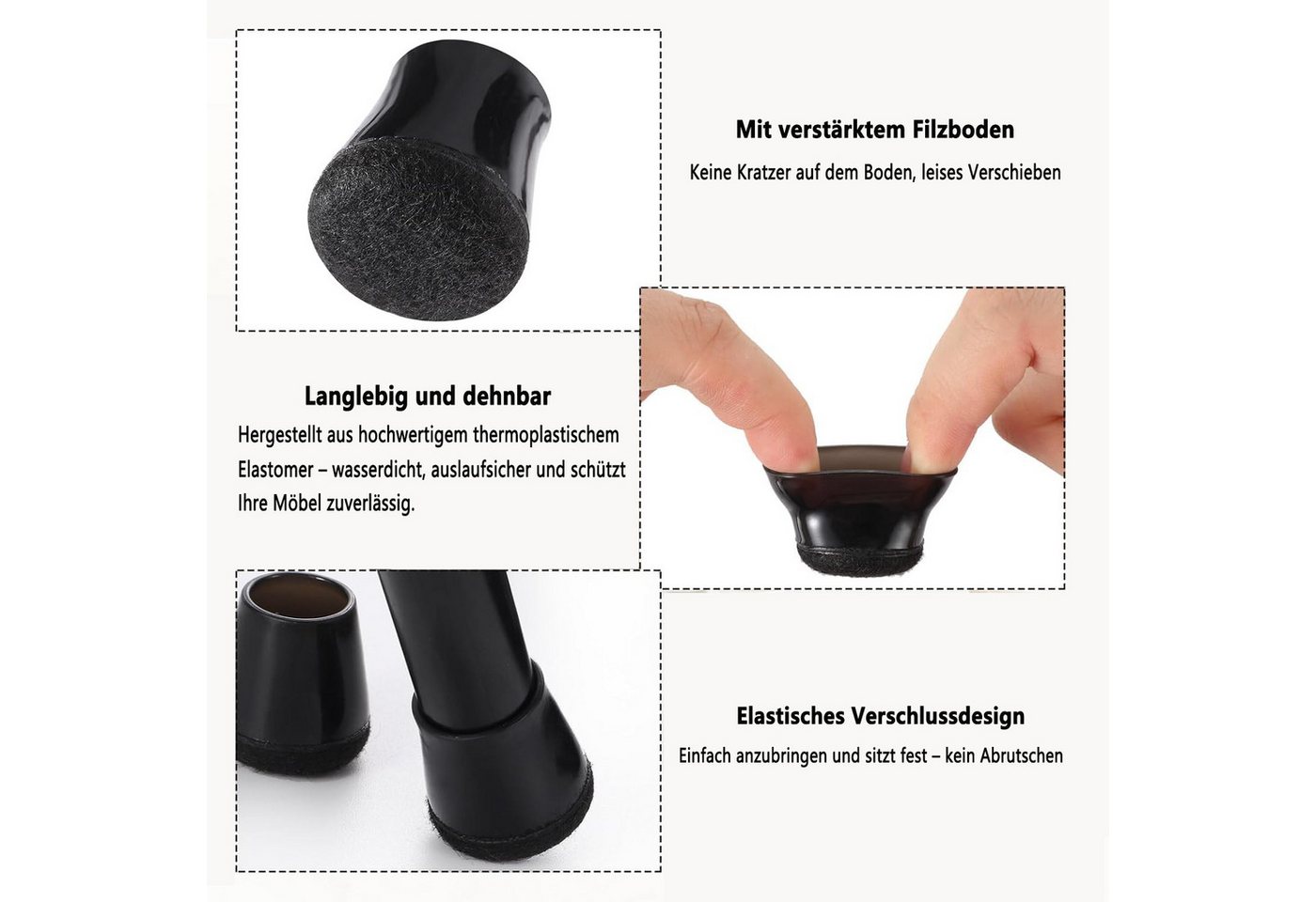 FOUORTUNATE-BEE Stuhlhusse Stuhlbeinkappen, Stuhlbeinschoner mit Filz, Schwarzes Silikon, runde Schwarze Bodenschutz für Hartholzböden, Fliesenböden – Bild 4 von 5