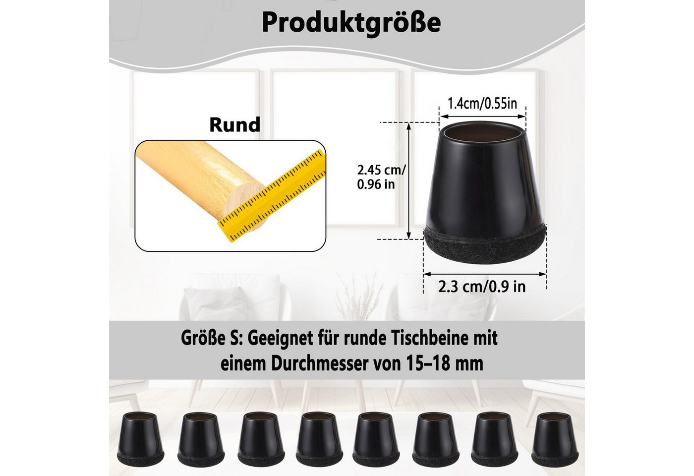 FOUORTUNATE-BEE Stuhlhusse Stuhlbeinkappen, Stuhlbeinschoner mit Filz, Schwarzes Silikon, runde Schwarze Bodenschutz für Hartholzböden, Fliesenböden – Bild 2 von 5