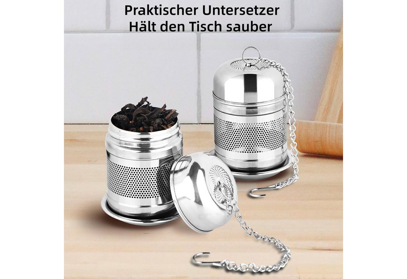 FOUORTUNATE-BEE Teesieb 2er Set Tee-Ei aus Edelstahl mit Untersetzer & Kette, (2-St), Wiederverwendbare Tee-Eier mit feinem Sieb & Kette – Bild 5 von 5