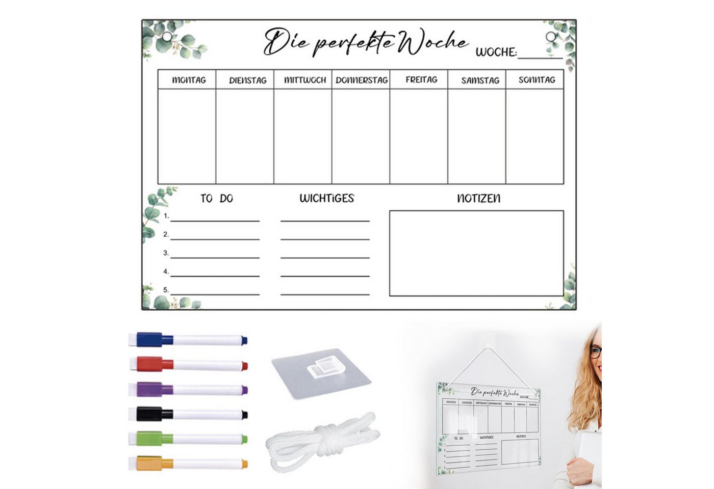 FOUORTUNATE-BEE Tischkalender Wochenplaner Abwischbar Wochenplaner aus Acrylglas, für Haushaltsplan 30 x 20CM Memoboard mit 6 Whiteboard-Stift – Bild 2 von 5