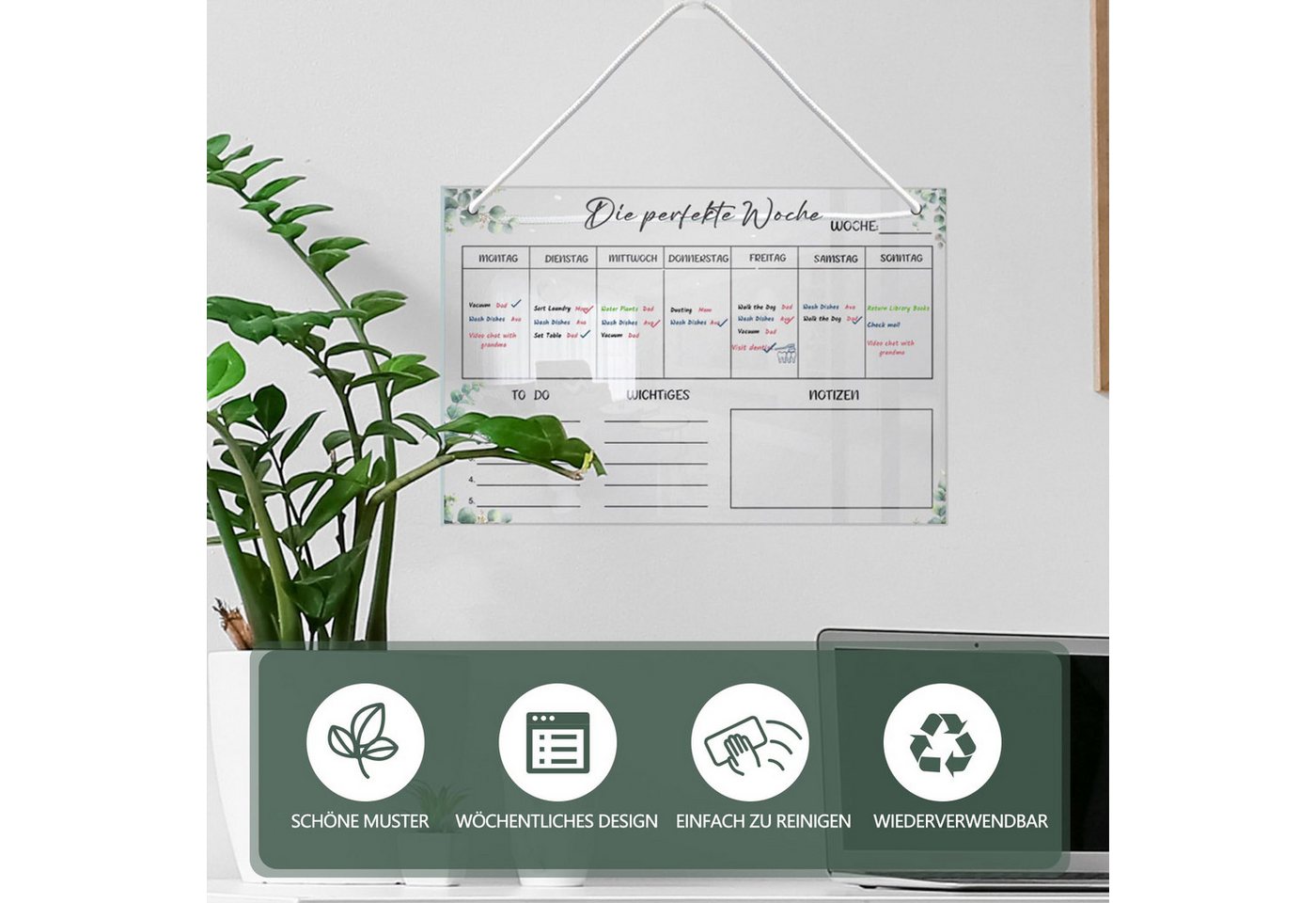 FOUORTUNATE-BEE Tischkalender Wochenplaner Abwischbar Wochenplaner aus Acrylglas, für Haushaltsplan 30 x 20CM Memoboard mit 6 Whiteboard-Stift – Bild 4 von 5