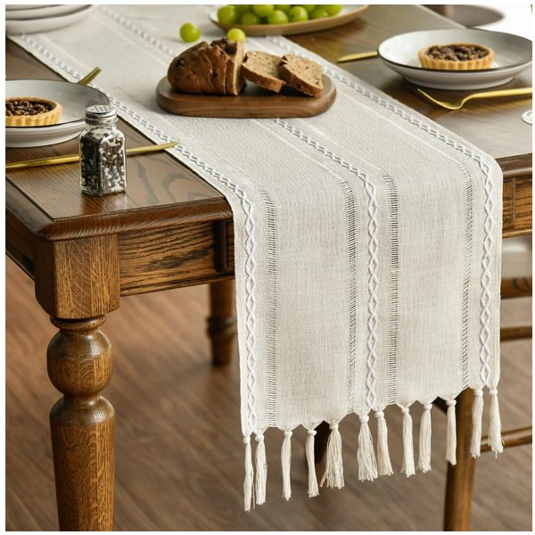 FOUORTUNATE-BEE Tischläufer Mode Boho Creme Landhausstil Quasten Tischläufer (Waschbar Tisch Dekoration, Party Geburtstag Valentinstag Hochzeit Dekor)