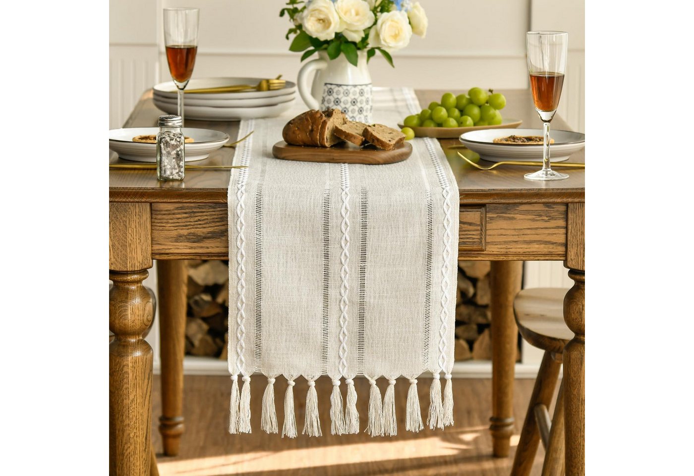 FOUORTUNATE-BEE Tischläufer Mode Boho Creme Landhausstil Quasten Tischläufer (Waschbar Tisch Dekoration, Party Geburtstag Valentinstag Hochzeit Dekor) – Bild 3 von 5
