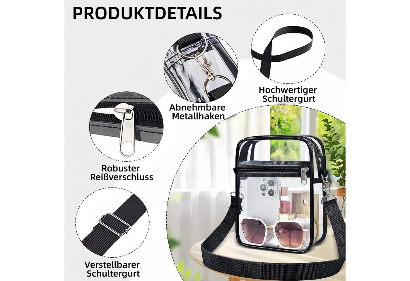 FOUORTUNATE-BEE Umhängetasche 2er Set Transparente Umhängetaschen mit Schultergurt (2-tlg), Kleine PVC-Taschen für Alltag, Reisen und Events – Bild 3 von 5