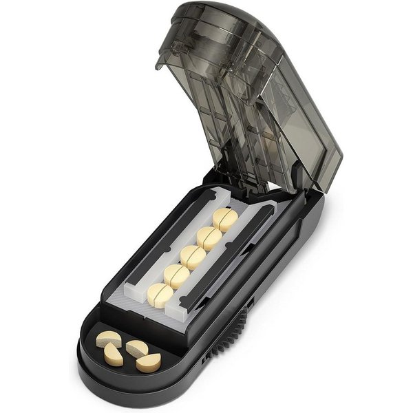 FOUORTUNATE-BEE Verteilerbox Tablettenteiler Edelstahl Pillenschneider für mehrere Tabletten, Pillenteiler mit einstellbaren Fächern Tablettenschneider Schwarz