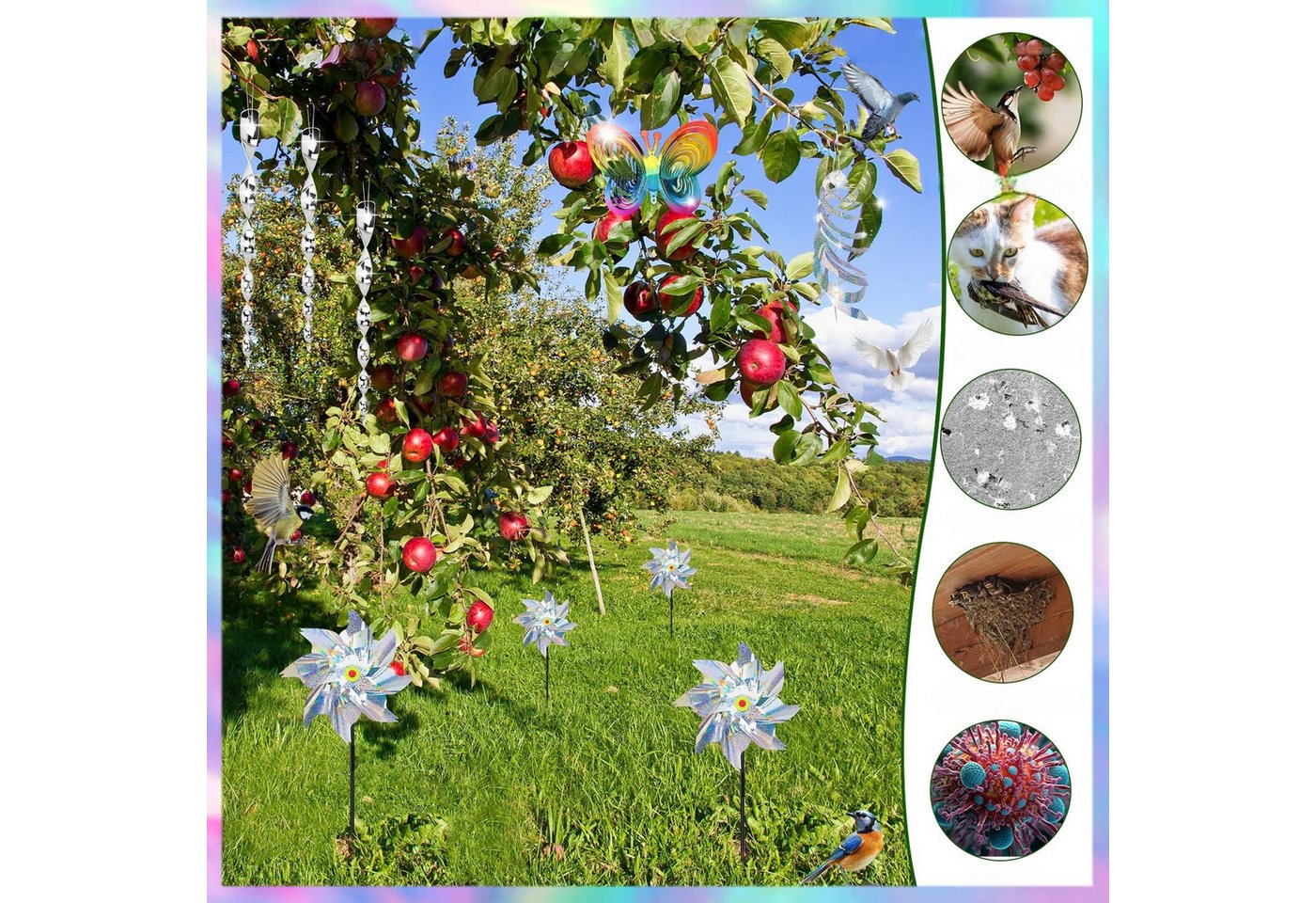 FOUORTUNATE-BEE Vogelabwehr-Windmühle Reflektierende Vogelabwehr Set mit Windrädern und Vogelband, Für Balkon, Garten, Obstbäume, Teich und Terrasse geeignet – Bild 5 von 5