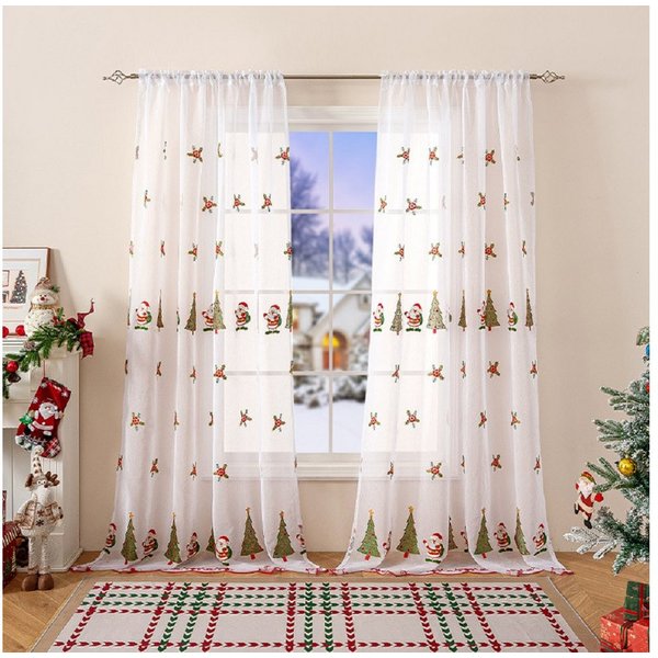 FOUORTUNATE-BEE Vorhang Weihnachtsvorhänge 2er-Set 130×245 cm mit gesticktem Deko-Motiv, Transparente Weihnachtsvorhänge mit Baum- und Santa-Stickerei