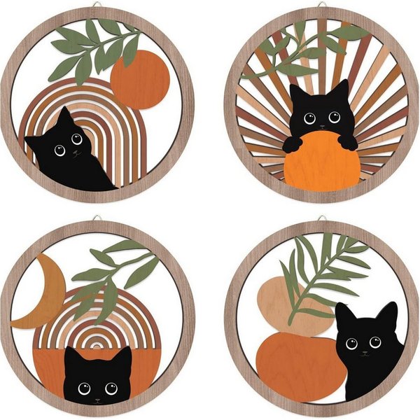 FOUORTUNATE-BEE Wanddekoobjekt 4 Stück Holz Boho Wanddekoobjekt Wanddeko Holz Vintage Deko (Katze Wanddeko für Bauernhaus-Wohnzimmer, Schlafzimmer, 4 St)