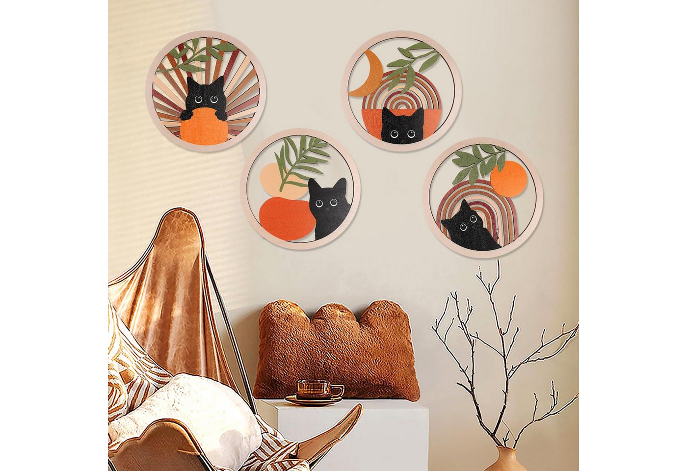FOUORTUNATE-BEE Wanddekoobjekt 4 Stück Holz Boho Wanddekoobjekt Wanddeko Holz Vintage Deko (Katze Wanddeko für Bauernhaus-Wohnzimmer, Schlafzimmer, 4 St) – Bild 4 von 5