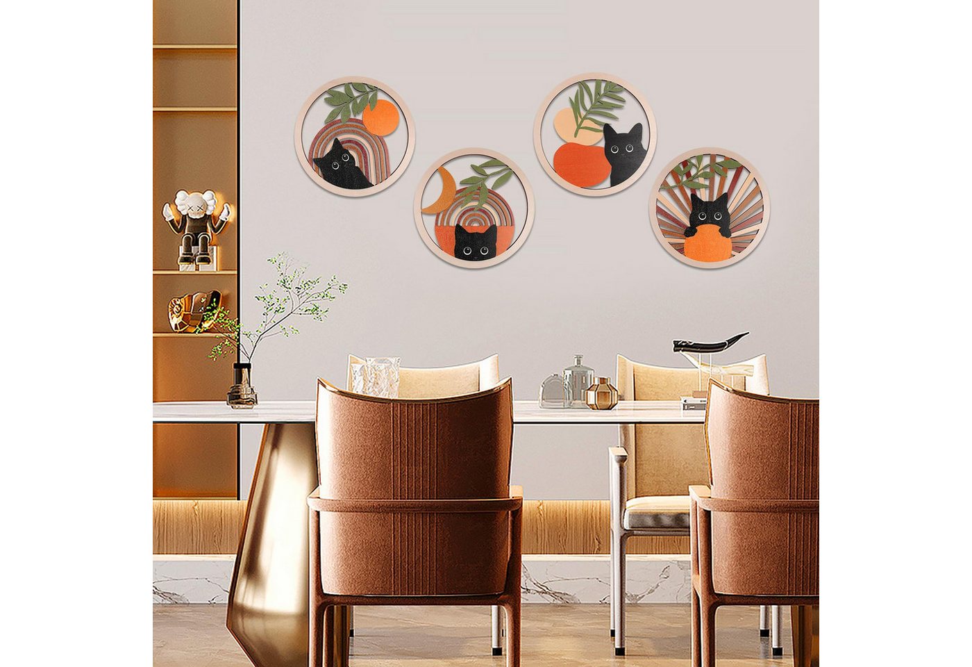 FOUORTUNATE-BEE Wanddekoobjekt 4 Stück Holz Boho Wanddekoobjekt Wanddeko Holz Vintage Deko (Katze Wanddeko für Bauernhaus-Wohnzimmer, Schlafzimmer, 4 St) – Bild 5 von 5