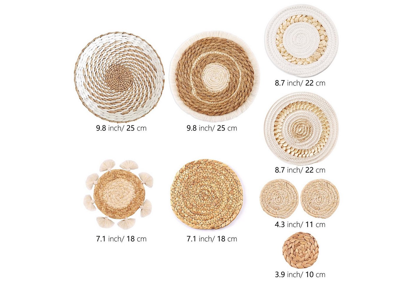 FOUORTUNATE-BEE Wanddekoobjekt 9 Stück Boho-Wandkörbe, Dekoration zum Aufhängen, runde Wandkunst (für Bauernhaus-Wohnzimmer, Schlafzimmer, Küchendekorationen, 9 – Bild 3 von 5