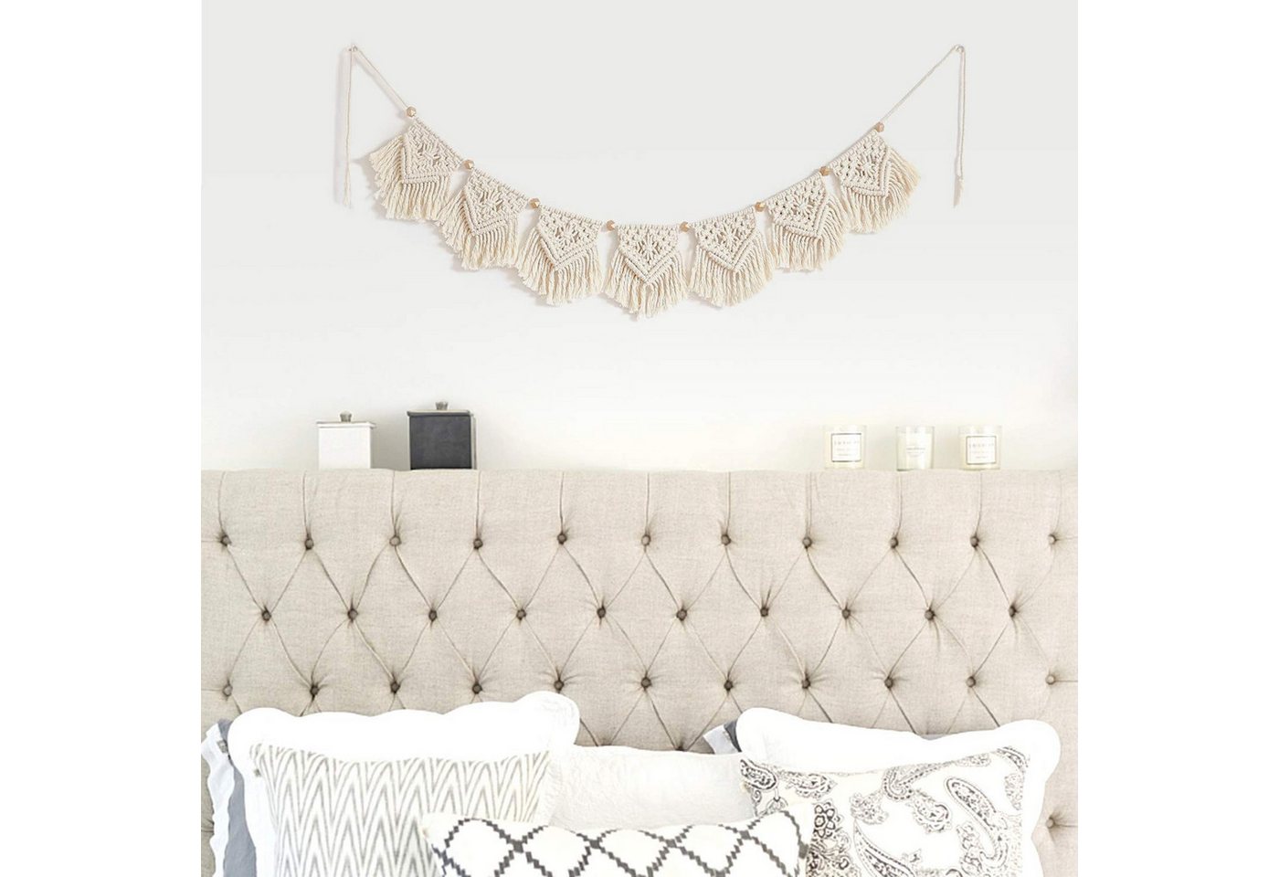 FOUORTUNATE-BEE Wanddekoobjekt Makramee Wandteppich Boho Wanddeko gewebt mit Fransen Schlafzimmer, Wandbehang Makramee für Wohnzimmer Schlafzimmer Kinderzimmer  – Bild 4 von 5
