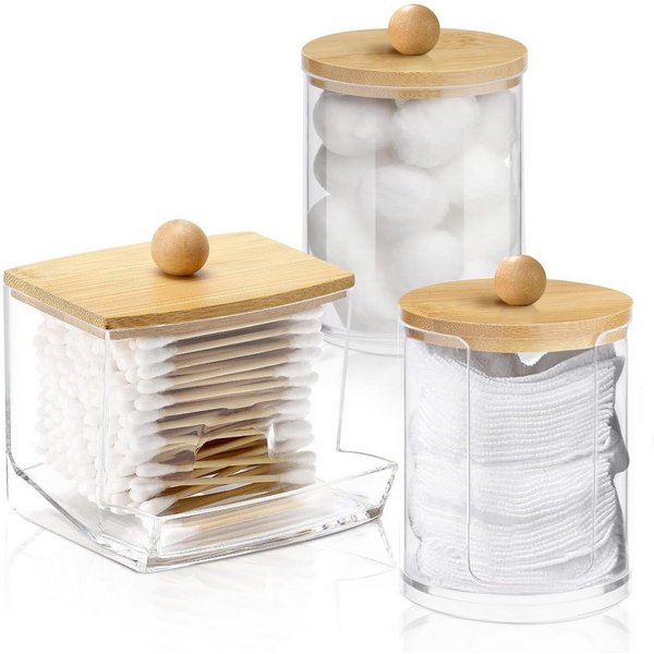 FOUORTUNATE-BEE Wattestäbchenspender 3× Wattepad- & Wattestäbchen-Box mit Bambusdeckel, Transparente Aufbewahrungsdosen für Bad & Schminktisch
